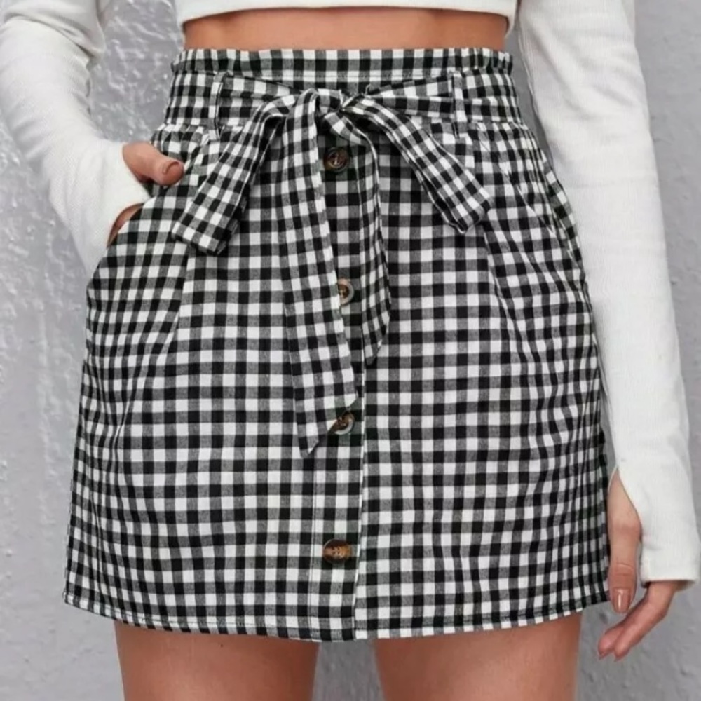 Women Gingham Button Front Belted Skirt Black And White